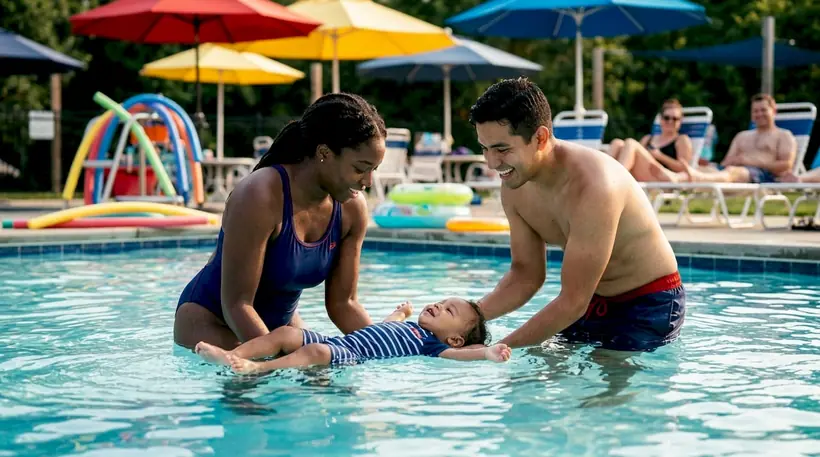 Two instructors guiding infant swim lesson in pool