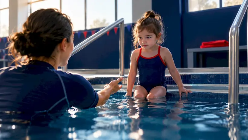 Child hesitating during swim lesson recovery