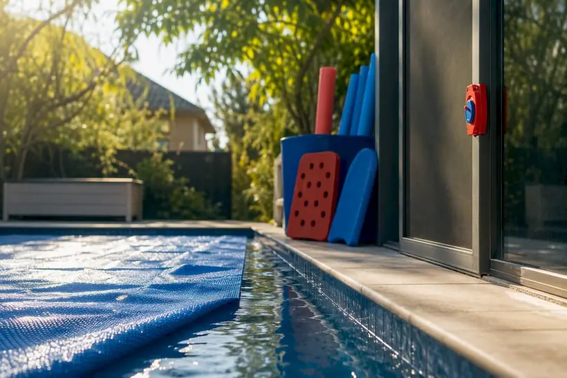 Pool cover with door alarm and clear deck