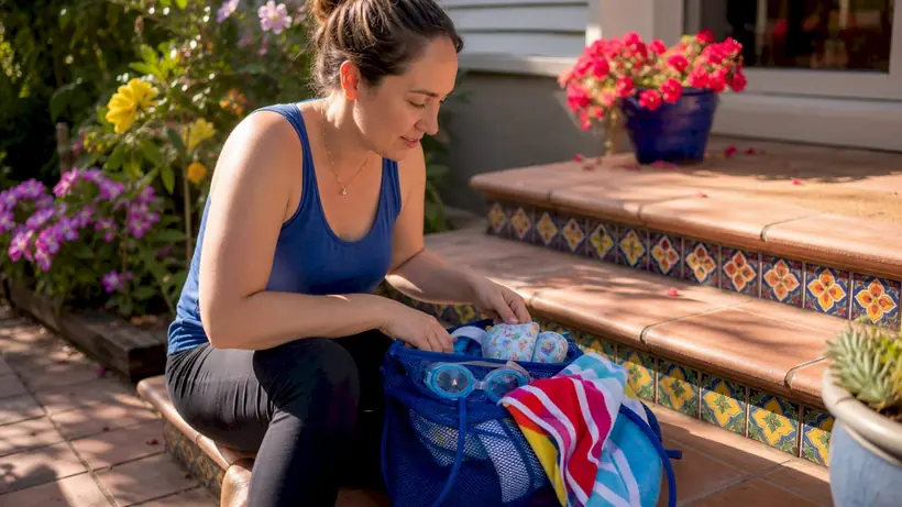 Mother packing swim gear in bathroom