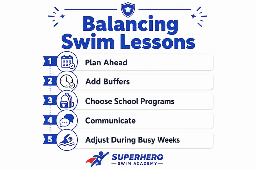 Infographic showing steps for balancing swim lessons with school activities
