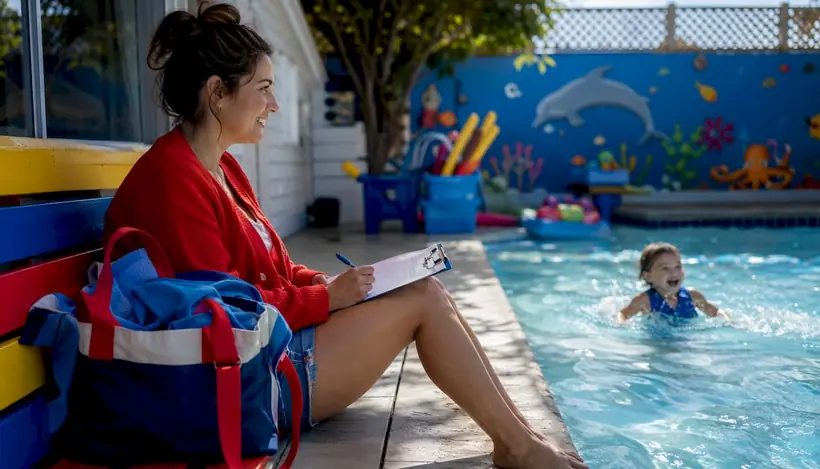 Mother watching toddler swim lesson at school