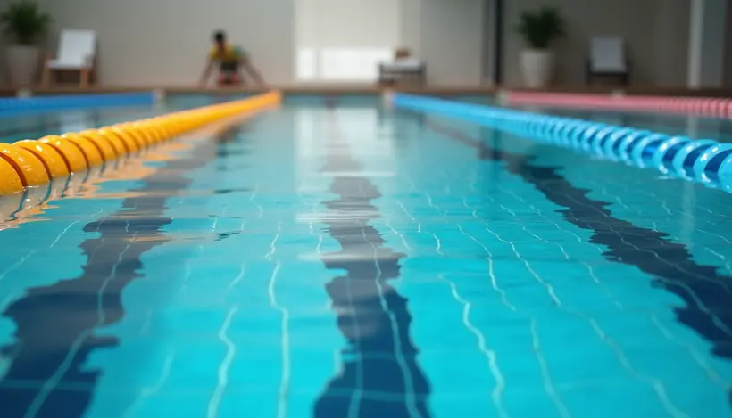 Eye-level view of a swimming pool lane with colorful lane dividers