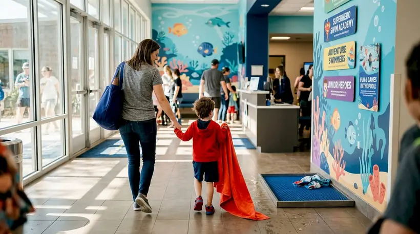 Parent and child entering swim school lobby