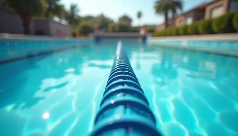 Eye-level view of a community pool with clear blue water and lane markers