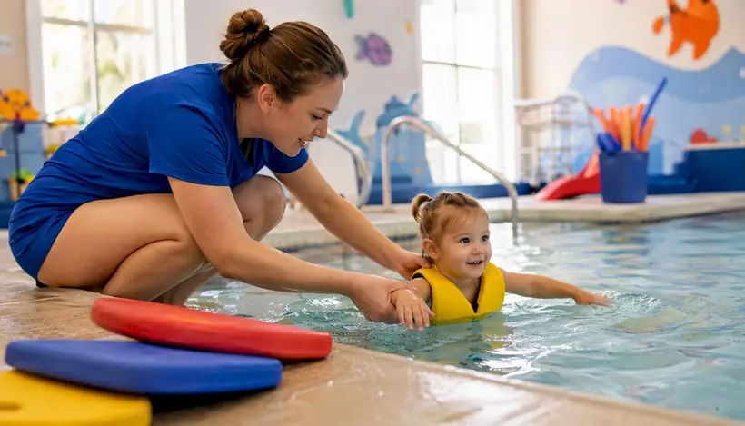 Instructor correcting toddler’s swim stroke in pool lesson