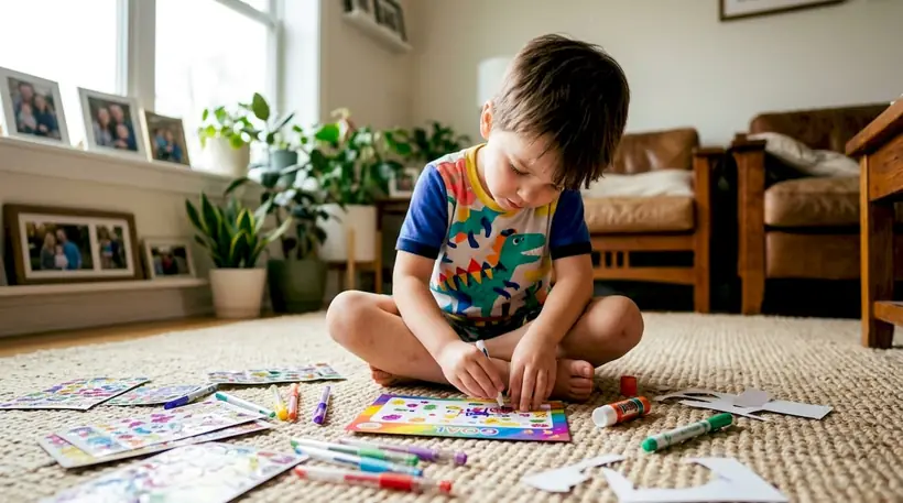 Child decorating swim goal card at kitchen table