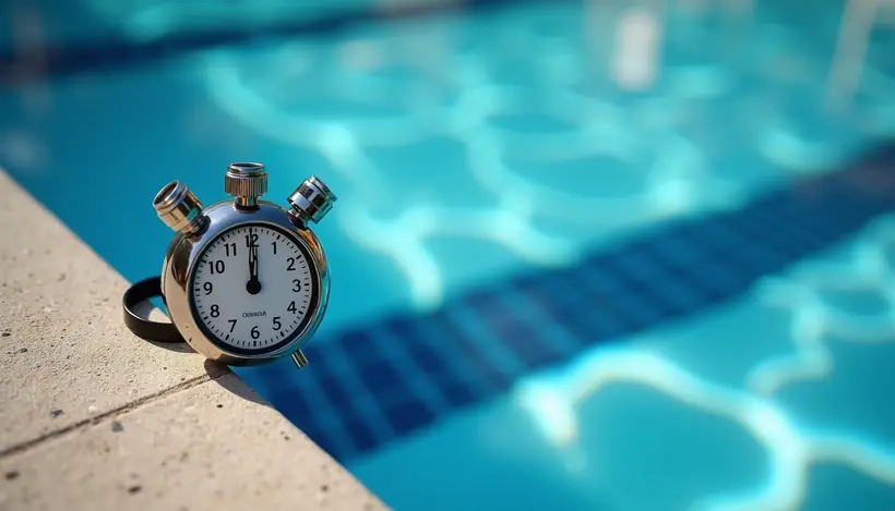 Close-up view of a stopwatch and swim goggles on poolside