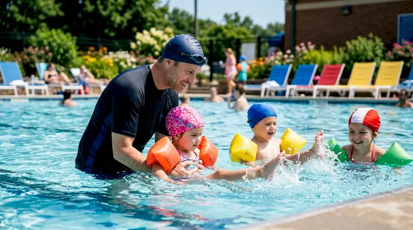 Swim instructor closely supervising beginner swimmers