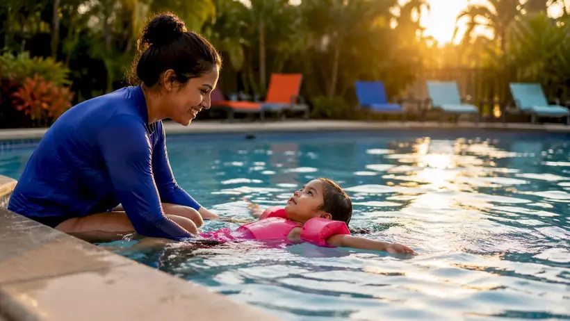 Instructor guiding child in swim skills