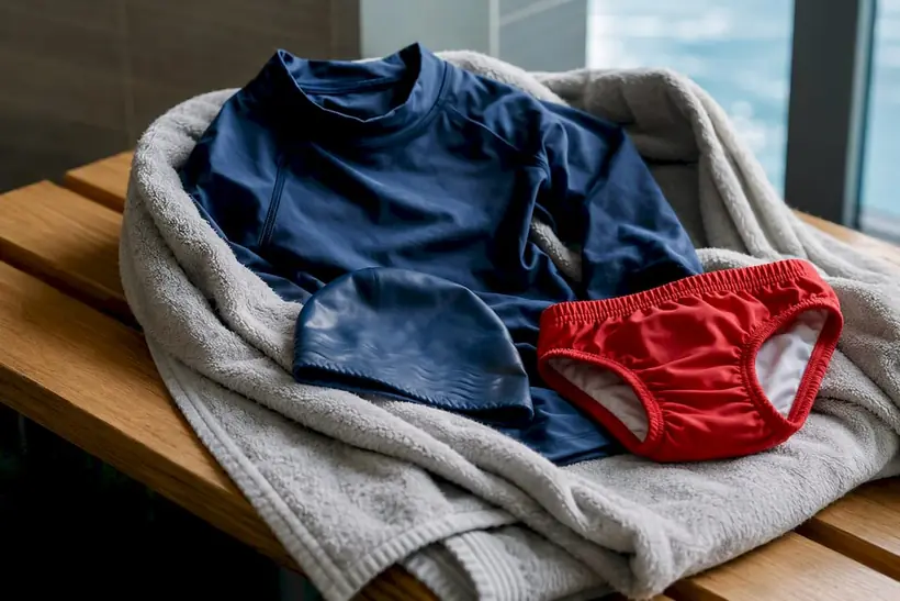 Rash guard cap and towel for swim lesson