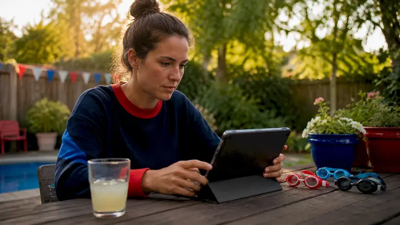 Mother reviewing swim progress on tablet at home
