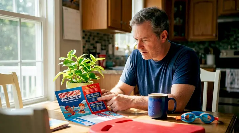 Hands reviewing swim lesson bundle pricing brochure