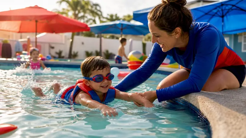 Toddler taking swim lesson with instructor