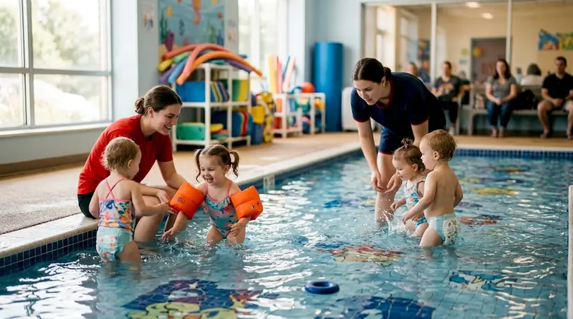 Overhead view of toddler swim lesson with instructors