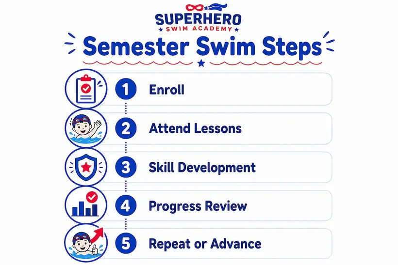 Infographic showing the steps in a semester swim lesson