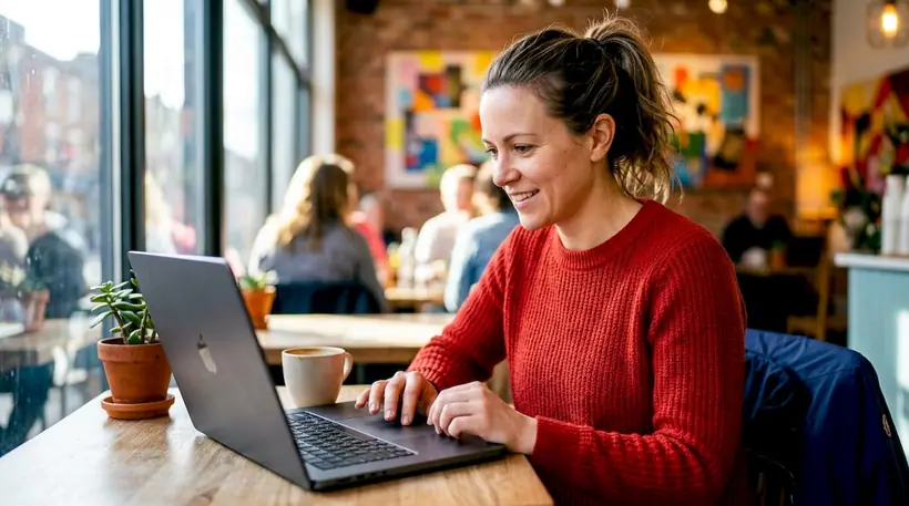 Mother scheduling swim lessons on laptop at kitchen table