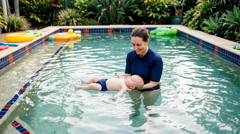 Instructor supporting infant performing survival swim float