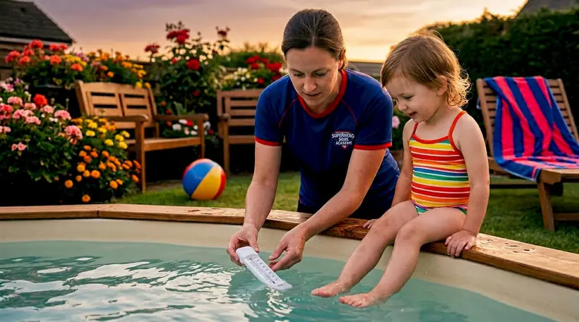 Parent checking pool temperature before lesson