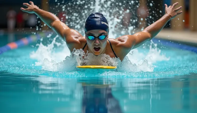 Close-up view of swimmer practicing flutter kick with a kickboard