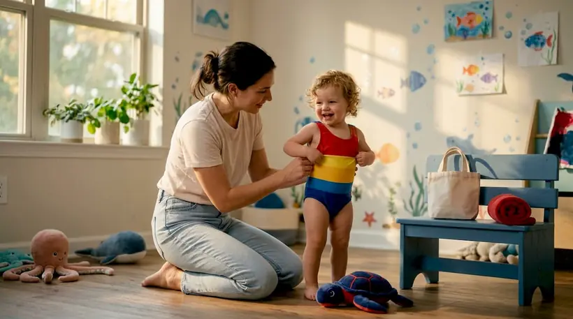 Mother helping toddler put on swimsuit