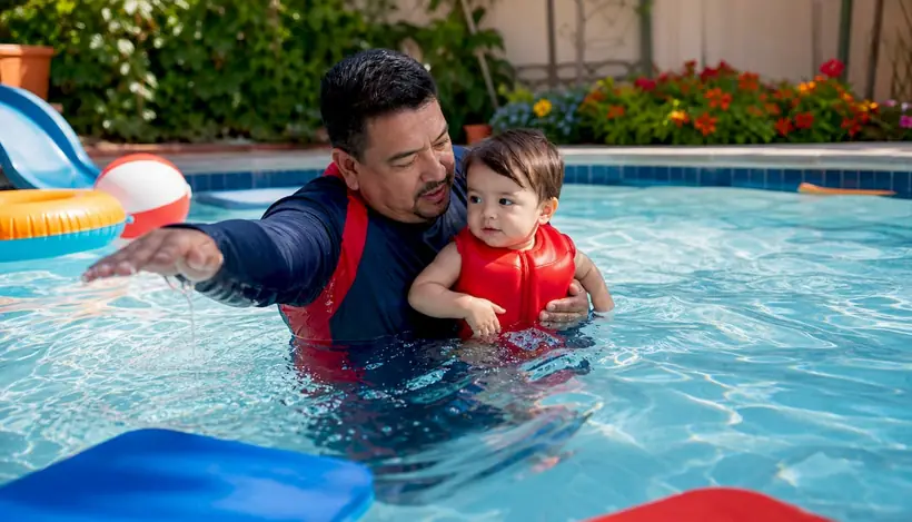 Swim instructor supporting toddler in pool