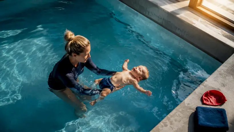 Instructor teaching infant rollback float
