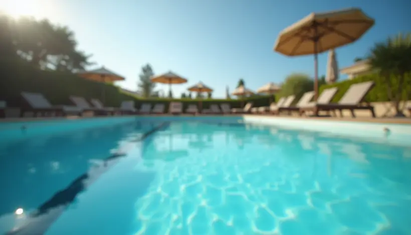 Eye-level view of an outdoor swimming pool with clear blue water